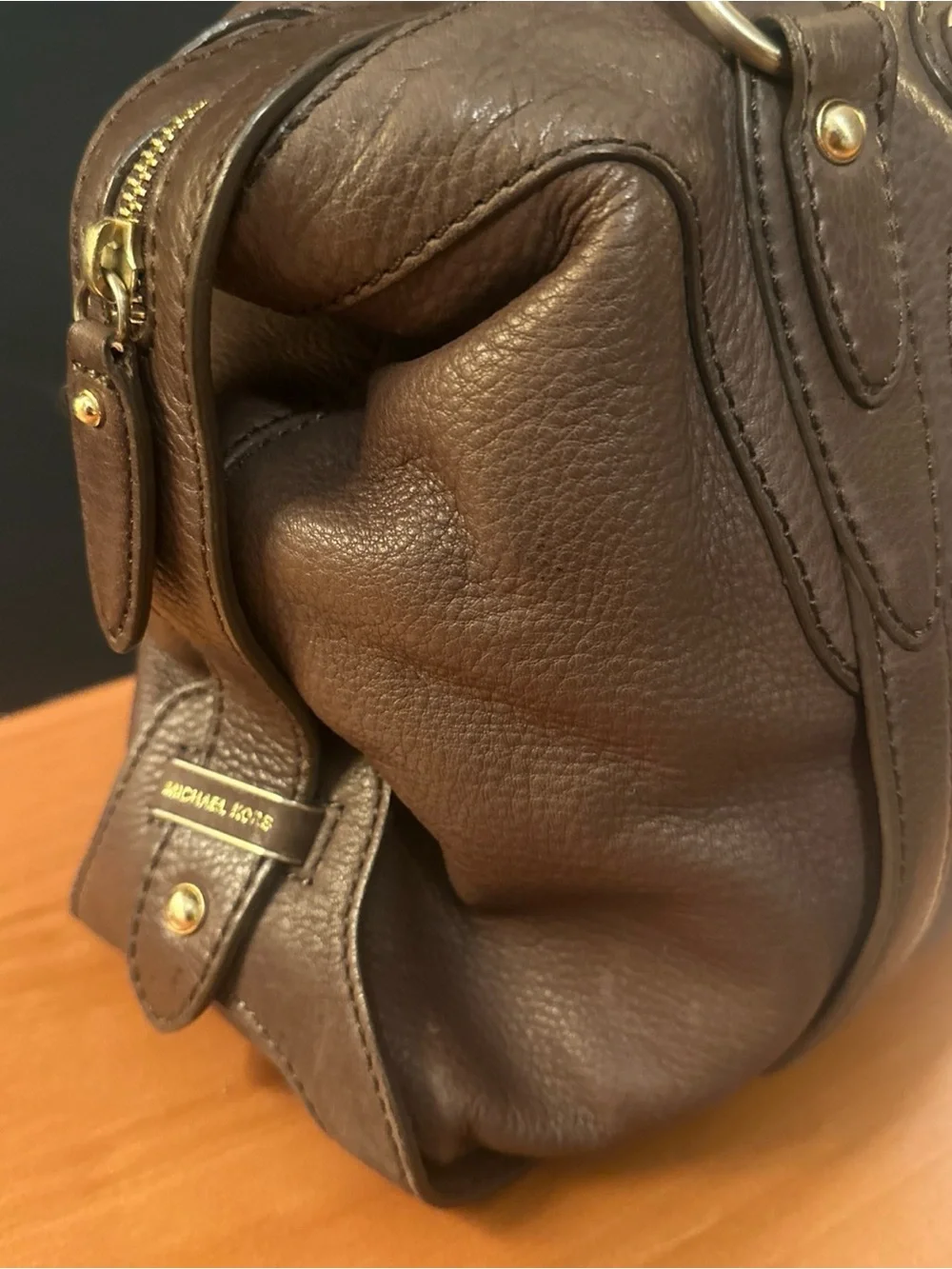 Michael Kors Chocolate Brown Pebbled Leather Satchel with Gold Hardware
